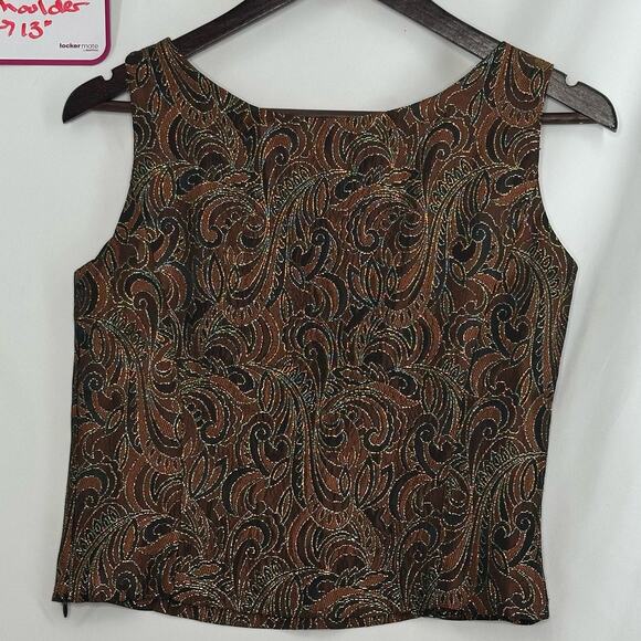 Vintage Positive Attitude Jacquard Gold Brown Metallic Paisley Tank Top 10P Glam - Picture 2 of 5